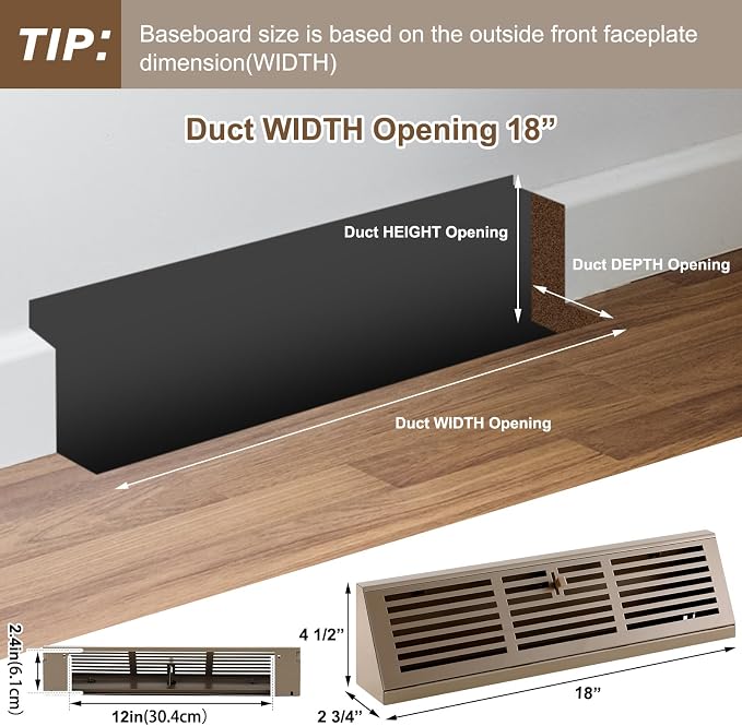 Yaocom 2 Pcs 18 Inch Baseboard Register Duct Opening Size Vent Covers for Home Floor Diffuser Wall Corner Baseboard Air Covers Floor Diffuser Including Screws Easy Installation(Brown,Stripes)