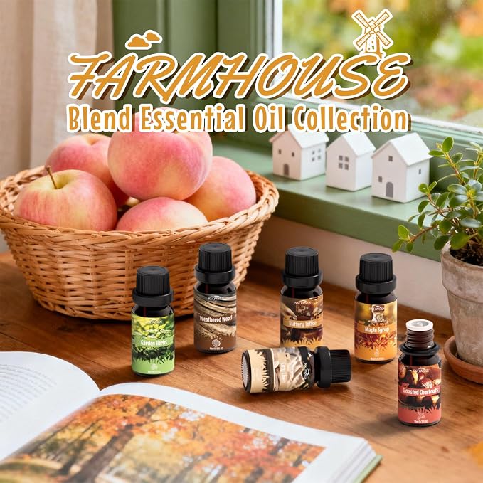 Farmhouse Essential Oils Set for Diffusers for Home, Soap & Candle Making Scents, Roasted Chestnuts,Buttery Toffee, Garden Herbs, Cozy Linen, Maple Syrup, Weathered Wood, 6x10ml