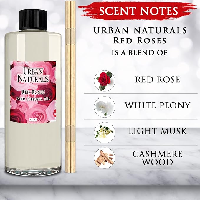 Urban Naturals Reed Diffuser Oil Refill Red Roses with White Peony, Cashmere Wood 8 oz + Free Reed Sticks, Made in the USA