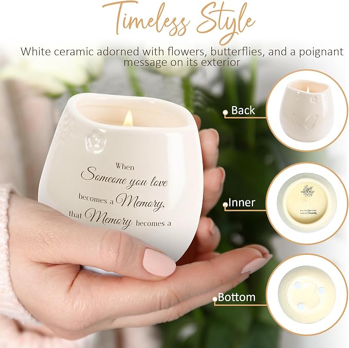 Pavilion - 8 Oz Candle Holder - Cream Beige Ceramic Candle Vessel with 100% Soy Wax, Tranquility Scent When Someone You Love Becomes A Memory Remembrance Gift - Printed Text, Love Theme, Round Shape