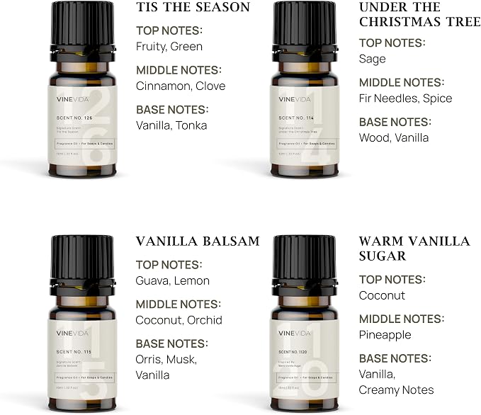 VINEVIDA [Set of 8] Christmas Scents for Candle Making, Made in USA Candle Fragrance Oil, Soap Making Essential Oils, Diffuser Oil Scents