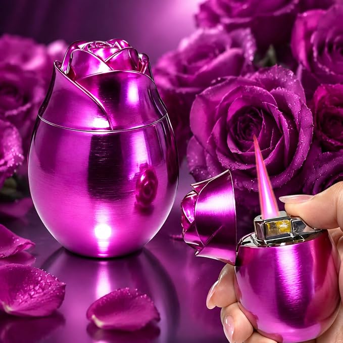 Rose Shaped Torch Lighter, Pink, Refillable Butane Lighter with Adjustable Flame,Windproof Jet,Funny Cool Lighters,Adjustable Jet Flame Torch, Candle Camping(Without Gas)