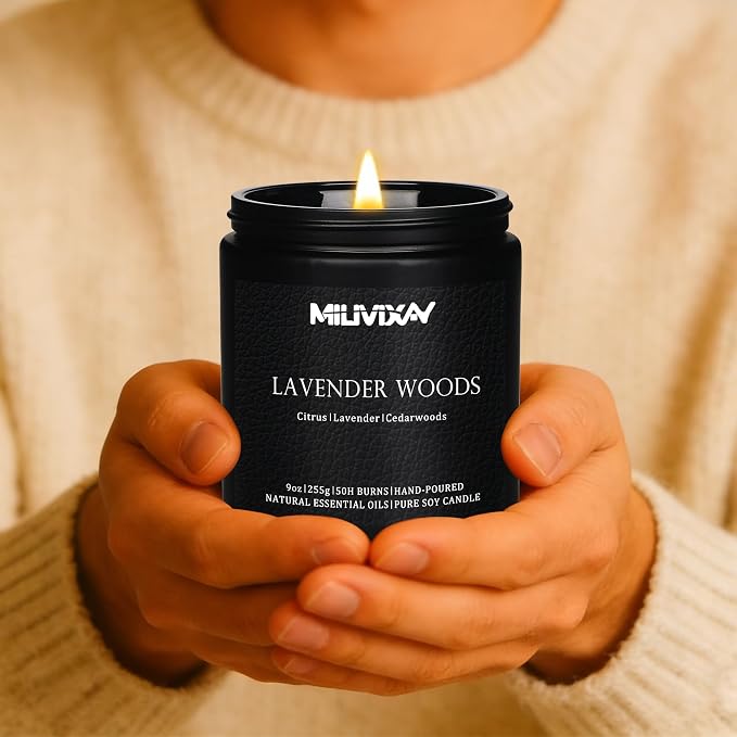 MILIVIXAY Candle for Men Lavender Woods Scented Classic 9oz Jar Single Wick Candle, Soy Wax Candles for Consistent Burn, Over 50 Hours of Burn Time, Ideal for Creating Relaxing & Holiday Gifting.