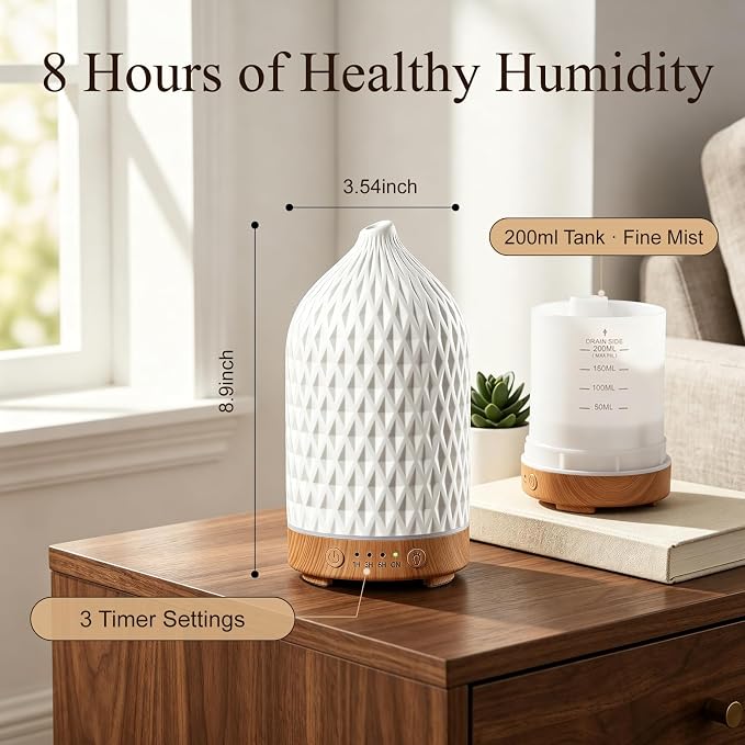 200ML Ceramic Essential Oil Diffuser - Ultrasonic Aromatherapy & Humidifier with 7-Color LED Lights, Auto Shut-Off, Rhombus, 1H/3H/6H Timer | Scent for Home,Office,Yoga