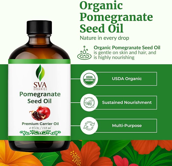 SVA Pomegranate Seed Organic - 4 Fl Oz – 100% Natural Cold Pressed Organic Pomegranate Oil - for Face, Skin Care, Hair Care, Scalp Massage & Body Massage – Carrier Oil with Dropper