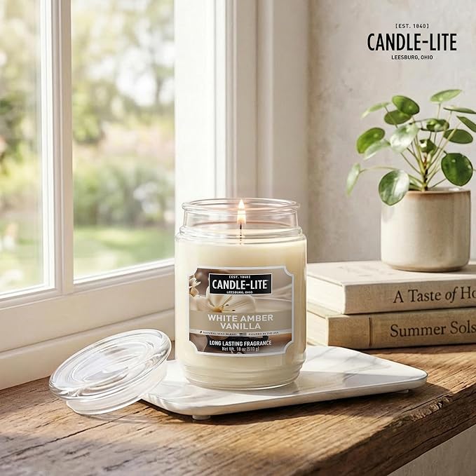 Candle-lite Scented Candles, White Amber Vanilla, 18 oz Jar, Proudly Poured in the USA, Aromatherapy Candle, Single-Wick with 110 Hours of Burn Time, Perfect for Creating a Relaxing Ambiance