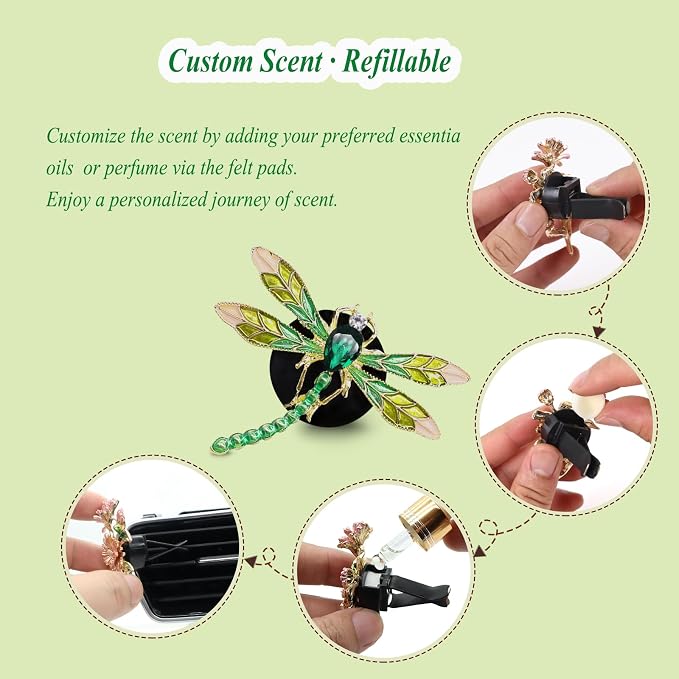 ORIESSE Dragonfly Car Decor,2pcs Bling Dragonfly Air Freshener Vent Clips,Cute Car Accessories,Refillable Car Diffuser, Glamorous Green Decor