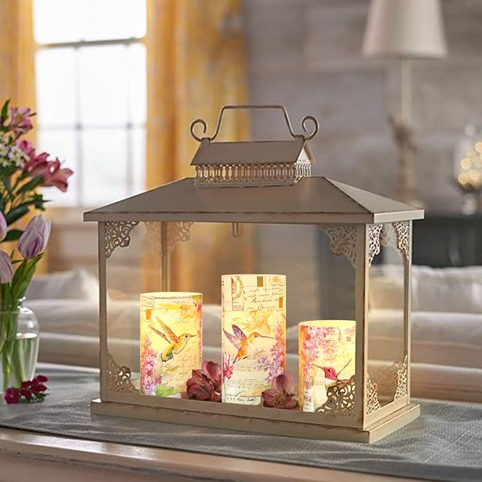 Flameless Candles Pink Hummingbird Floral Battery Operated Remote Timer Flickering LED Real Wax Pillar Candle Warm Light Spring Summer Decor for Home Fireplace Christmas Holiday Gifts