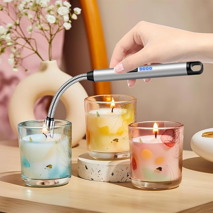 Upgraded 2 Pack Electric Candle Lighter with 360° Flexible Neck & Safety Lock, Windproof USB Rechargeable Flameless Arc Long Lighters for Grill, BBQ, Camping, Fireplace, Stove (Rose Gold & Silver)