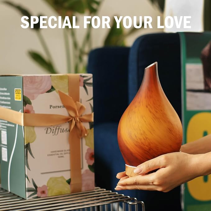 Porseme 150ml Essential Oil Diffuser Glass Color Changing Aroma Air Diffusers Aromatherapy Ultrasonic Cool Mist Humidifier 6 Running Hours Waterless Auto-Off for Sleeping Yoga Office Spa (Caramel)