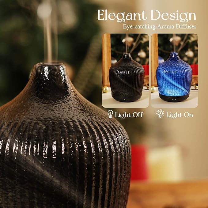 Porseme 280ml Essential Oil Diffuser, Ultrasonic Cool Mist Humidifier with Color Changing, Auto Shut-Off, 6-10 Running Hours, Aromatherapy Glass Diffusers for Home Bedroom, Office, Yoga (Obsidian)