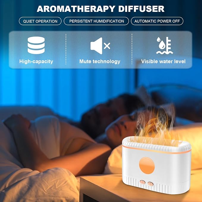 Essential Oil Diffuser 200ml Quiet Colorful Flame Diffuser Safe Fragrance Aroma Diffuser with Waterless Auto Off Protection Visible Water Level Mist Diffuser Humidifier for Home, Office, Gift (White)