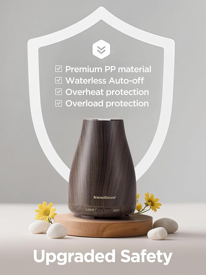 InnoGear Essential Oil Diffuser, Ultrasonic Diffusers for Home Aromatherapy Humidifier for Bedroom Room 7 Colors LED 2 Mist Mode Auto Off, Brown