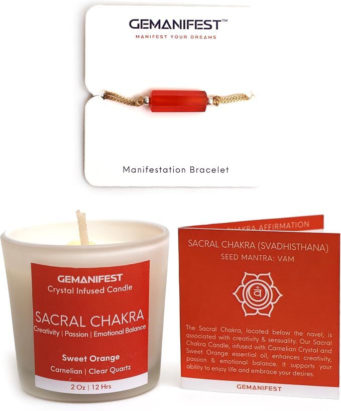 Sacral Chakra Candle with Carnelian Onyx Bracelet Orange Candle for Creativity Success and Balance Best Spiritual Meditation Gifts for Women Men Office Productivity Gifts