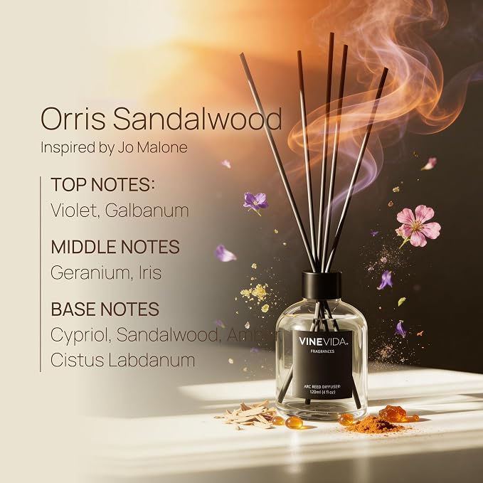 VINEVIDA Reed Diffuser Orris & Sandalwood | Diffuser Reed for Home & Bathroom | Long-Lasting Scent Sticks Set | Oil Stick Diffuser | Bathroom Scent