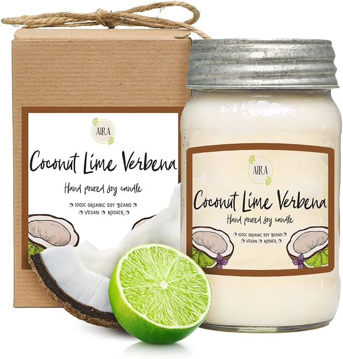 Aira Soy Candles - Organic, Kosher, Vegan, in Mason Jar w/Therapeutic Grade Essential Oil Blends - Hand-Poured 100% Soy Candle Wax - Paraffin Free, Burns 110+ Hours - Coconut Lime Verbena - 16 Ounces