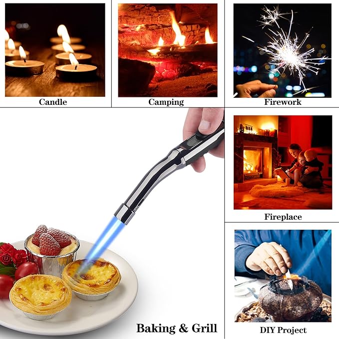 Yeuligo Torch Lighters, 7.6in Long Butane Lighter with Visible Window, Adjustable and Refillable Lighter for Kitchen Fireplace Camping Candle Grill BBQ Fireworks. Black (Gas Not Included)
