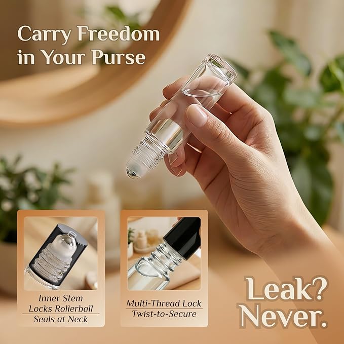 PrettyCare 12 Pack, 10 ml Essential Oil Roller Bottles with Stainless Steel Roller Ball - Refillable Leak-proof Empty Thick Clear Glass Roll on Bottles with Black Caps for Travel, Perfume