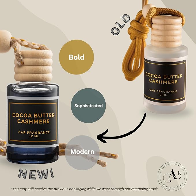 COCOA BUTTER CASHMERE - A warm, intriguing fragrance that combines sweet cocoa butter and coconut. - Lasts up to 60 days - Luxury Car Perfume A+ Scents Car Hanging Diffuser