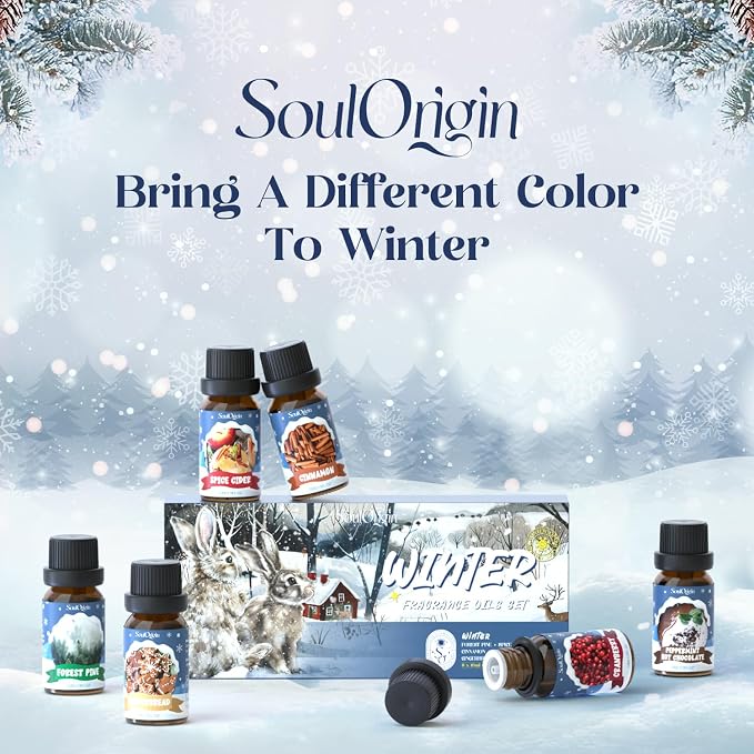 SoulOrigin Winter Essential Oils Set, Fragrance Oil Gift Set for Oil Diffusers, Scented Oils for Soap 6x10ml - Forest Pine, Spiced Apple Cider, Cinnamon, Mint Hot Chocolate, Gingerbread, and Cranberry