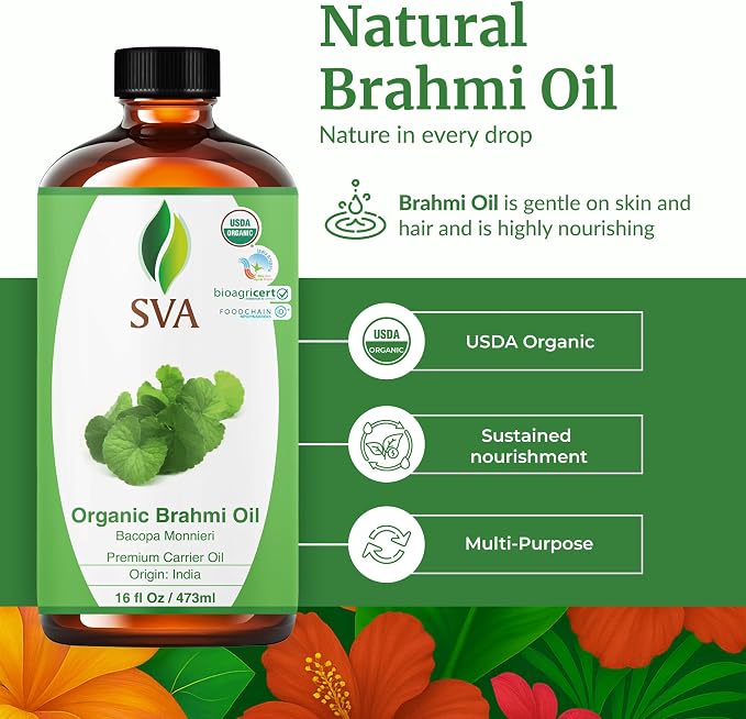 SVA Brahmi Oil Organic - 16 Fl Oz – 100% Natural Cold Pressed Organic Brahmi- for Face, Skin Care, Hair Care, Scalp Massage & Body Massage – Carrier Oil