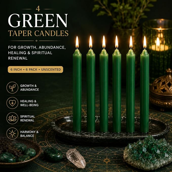 6 Inch Taper Candles, 6-Pack – Green Dripless Unscented Dinner Candles for Christmas, Holidays, Parties & Seasonal Décor Green