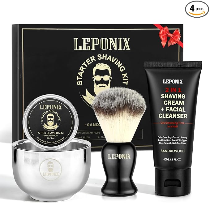 Shaving Kit, TSA Approved Travel Size Grooming Set - 60ml 2-in-1 Facial Cleanser & Shaving Cream, Shaving Brush and Bowl & 30g Solid Aftershave Balm, Gift Set for Men Boyfriend Stocking Stuffers