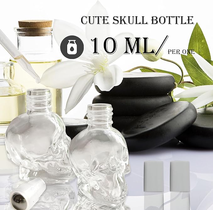 7 pcs Set 10ml Mini Skull Glass Oil Roller Bottles Leakproof Essential Oils Bottle for Storage and Travel (transparent)