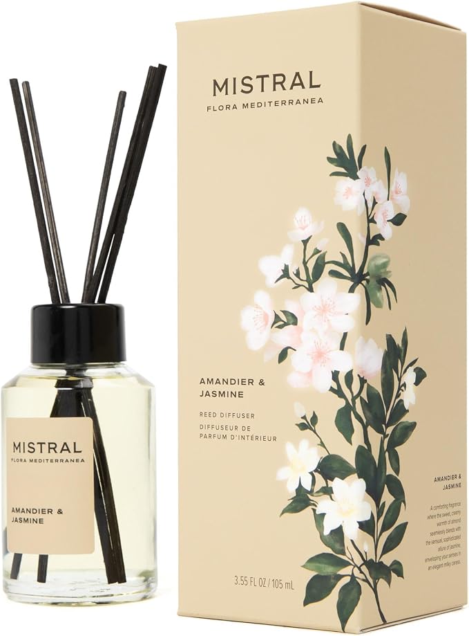 Mistral Amandier & Jasmine Reed Diffuser – Luxury Almond Blossom & Jasmine Scent Diffuser for Home, Office, Bathroom | 100% Oil-Based & Alcohol-Free, Long-Lasting, with Natural Reed Sticks (3.5 fl oz)