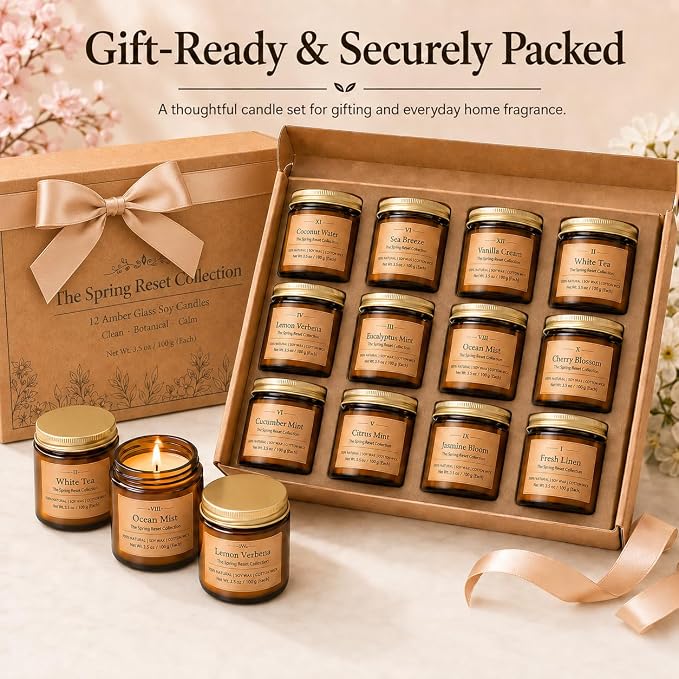 12 Pack Summer Scented Candles, 3.5 oz Amber Glass Jar Soy Candle Set, 8% Essential Oil Blend, Gifts for Women Birthday Housewarming
