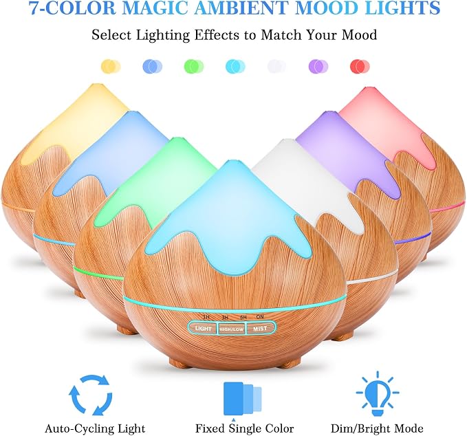 500ML Essential Oil Diffuser, Aromatherapy Diffuser with Remote Control, Multifunctional Air Diffusers for Home Office Room, Fragrance Aroma Diffuser with 7 Color LED & 2 Mist Mode, Light Brown