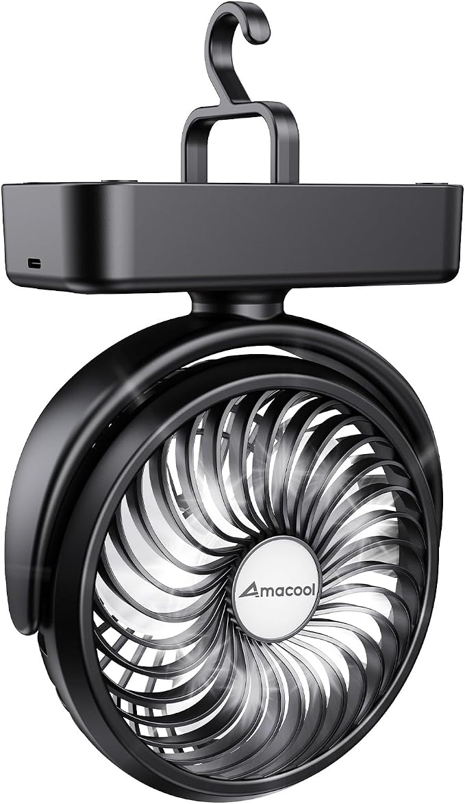 Portable Camping Fan with LED Lantern- 40H Work Time Rechargeable Battery Operated Fan with Hanging Hook for Tent Car RV Hurricane Emergency Outages Survival Kit Cruise Travel Camping Essentials Gear