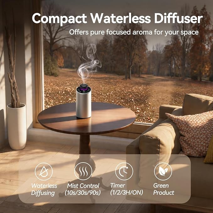 Waterless Essential Oil Diffuser Aromatherapy Scent Diffusers for Home Large Room, Bedroom, Car, Office, Desk, Battery Operated Mini Portable Air Freshener, 3 Countdown Timers & 3 Mist Levels, Silver