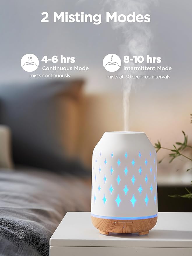 InnoGear Aromatherapy Diffuser, 150ml Ceramic Diffuser Mother's Gift Ultrasonic Humidifier Cool Mist Essential Oil Diffusers for Home Air Diffuser with 2 Mist Modes Waterless Auto Off, White