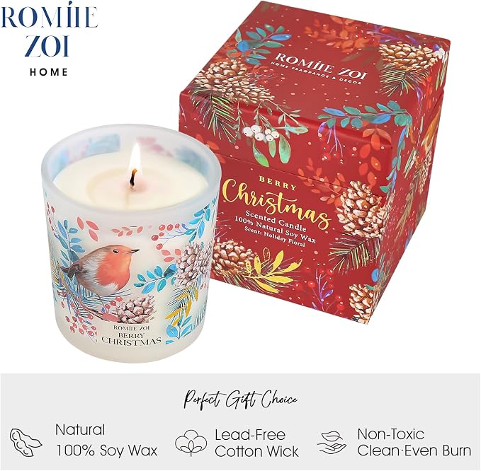 ROMIIE ZOI Scented Jar Candle - 6oz Soy Wax - Berry Christmas Infused with Holiday Floral Aroma - Keepsake Box Special for Holiday Gifts