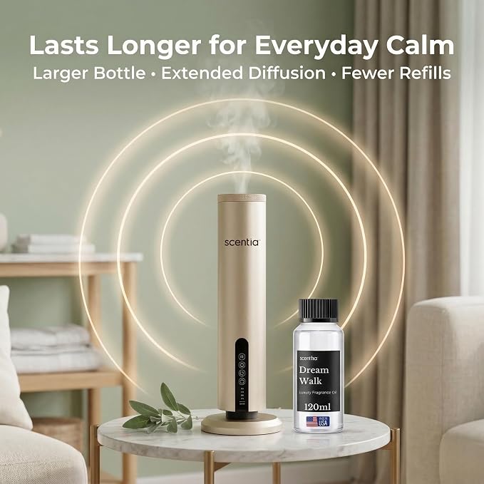 Scentia Dream Walk Diffuser Oil Refill – Hotel Fragrance Oil Inspired by 5-Star Spa Resort – 120 mL – White Tea, Cedarwood & Amber Long-Lasting Scent for Ultrasonic & Waterless Diffusers, Made in USA