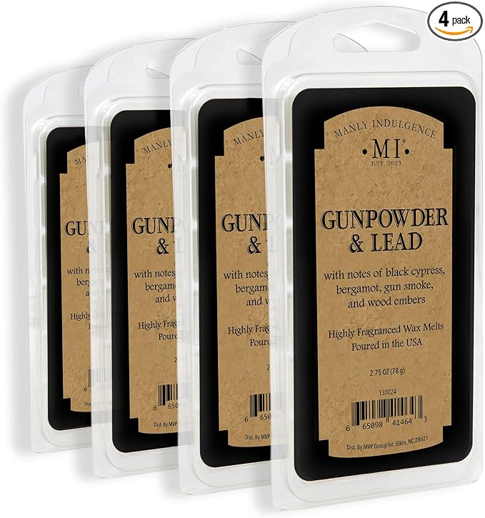 Manly Indulgence Gunpowder & Lead Scented Wax Melts, Wax Melt Warmer Cubes, Long Lasting Scented Wax Warmer Cubes, 4 Pack, 6 Cubes Each - Made in The USA