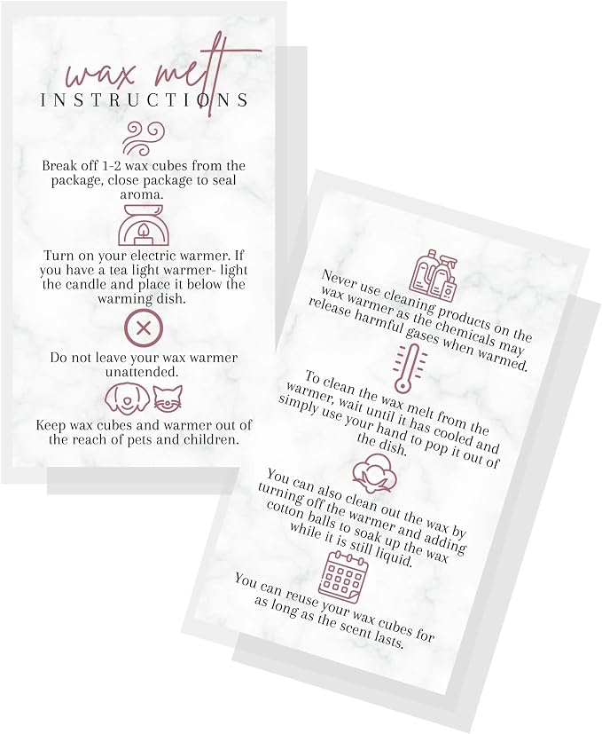 Wax Melt Care Instruction Cards | 50 Pack 2x3.5” Business Card Wax Melt Supplies Homemade Customer thank you for Warmer Minimalist Marble Mauve Pink How To Care for wax cube clamshell wickless candle