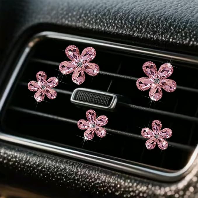 Bling Daisy Flower Car Air Vent Clips, 5PCS Sparkling Crystal Rhinestone Cute Vehicle Air Conditioning Clamp, Diamond Auto Air Outlet Clip Decor for Women Girls (Pink)