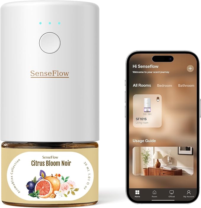 SF101S Pro Smart Plug in Air Freshener for Home, Waterless Essential Oil Diffuser, Aromatherapy Home Diffuser, 120-Day Natural Aroma Mist – Free 30ml Citrus Bloom Noir (Tangerine Orange)