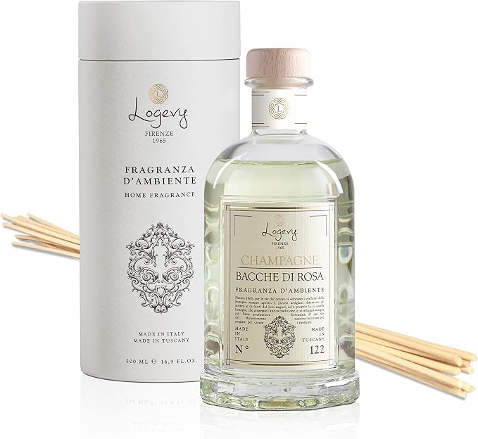 Logevy Firenze 1965 Champagne e Bacche di Rosa – Champagne and Rose Berries Luxury Home Fragrance Diffuser with Floral & Fruity Notes in Elegant Glass Bottle with 12 Natural Bamboo Reeds – 500ml