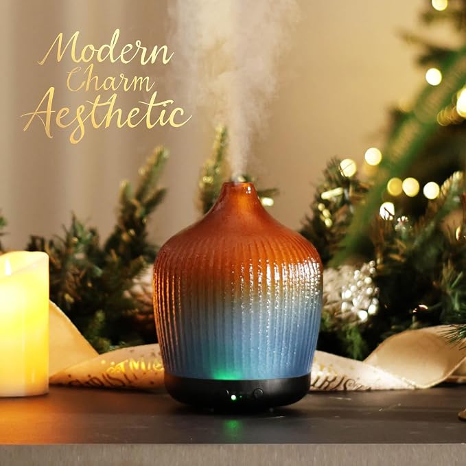 Porseme 280ml Essential Oil Diffuser, Ultrasonic Cool Mist Humidifier with Color Changing, Auto Shut-Off, 6-10 Running Hours, Aromatherapy Glass Diffusers for Home Bedroom, Office, Yoga (Yellow-Blue)