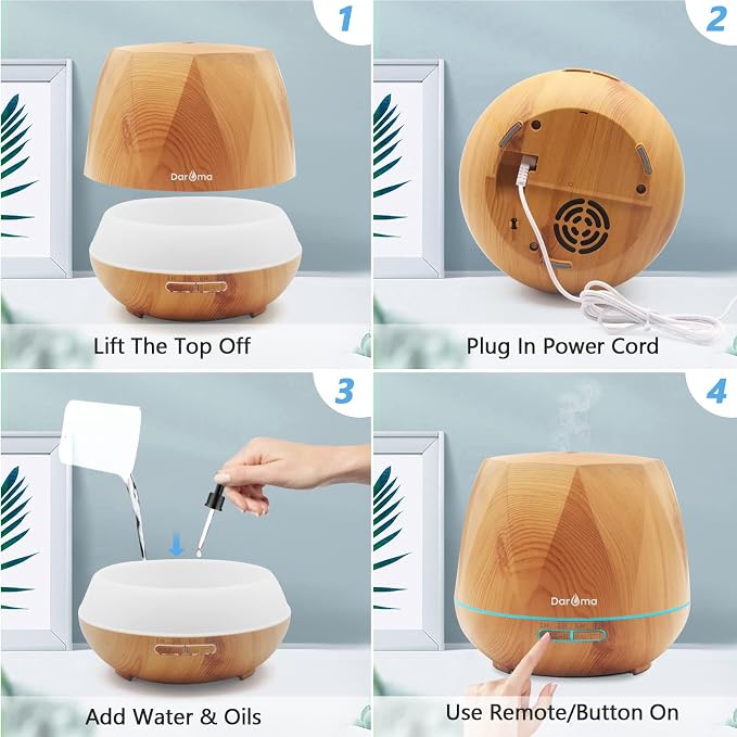 550ml Essential Oil Diffuser, DAROMA Upgraded Remote Control 6 in 1 Aromatherapy Ultrasonic Cool Mist Humidifier, 7 Color Changing Mood Lights & Waterless Auto-Off for Home Office Gift, Light Wood