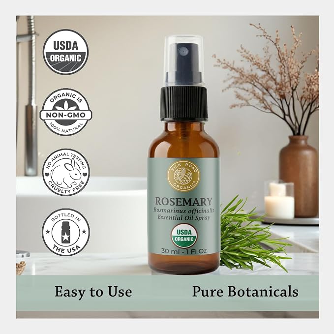 Silk Road Organic Rosemary Essential Oil & Jojoba Spray for Hair Growth & Health, Memory & Focus | USDA Certified 1 oz. Body Spray - Always Pure, Always Organic