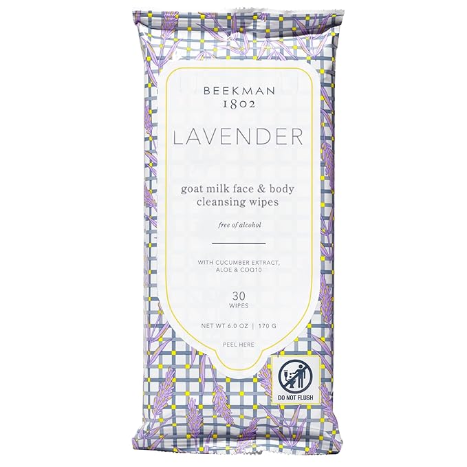 Beekman 1802 Face Wipes – Makeup Remover Wipes for Face, Facial Cleansing Wipes that Remove Makeup & Dirt, Travel Essentials, Face Wipes with Goat Milk & Aloe, Lavender 30 Count