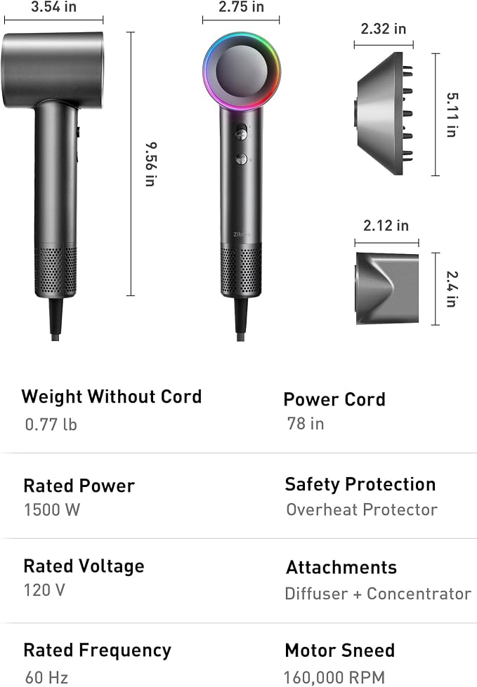 High-Speed Hair Dryer, 160,000 RPM Brushless Motor for Ultra-Fast Drying, 500M Ionic Negative for Frizz Reduce, Low Noise Thermo-Control Blow Dryer with Diffuser for Curly Hair Women and Men,Grey