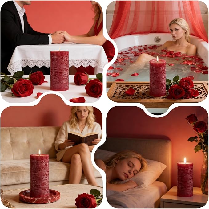 Romantic Rose Scented Pillar Candle - 2.8x6 Inch, 75-Hour Burn, Textured Red Rose Scented Candle for Women, Natural Aromatherapy Candle for Home, Gifts for Women, Valentine's & Romantic Decor