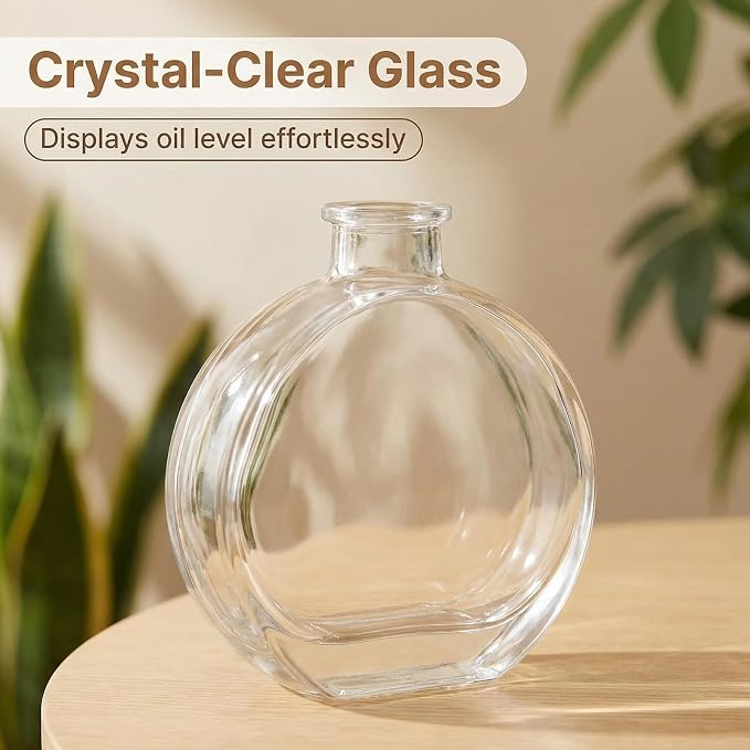 1 Pack 150ml/5oz Flat Round Clear Glass Reed Diffuser Bottles, Refillable Aromatherapy Essential Oil Bottles for Bathroom, Home & Office Decor