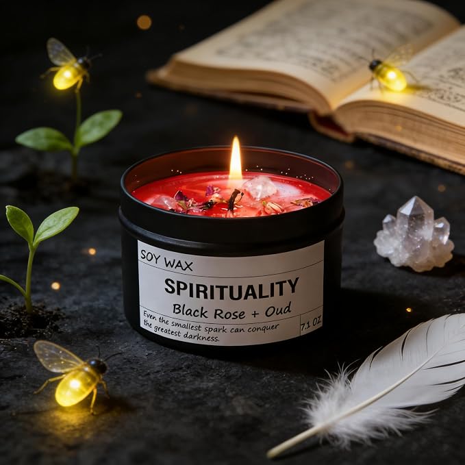 Crystal Energy Candle, Spiritual Candles for Women, Spark Conquer Darkness, Black Rose & Oud Candles, Emotional Support, Encouragement, Perfect Self-Care and Inspirational Affirmation Gift