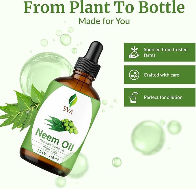 SVA Neem Seed Oil 4 Fl Oz - for Face, Skin Care, Hair Care, Scalp Massage & Body Massage – Carrier Oil with Dropper